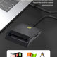 A black USB SIM card reader device shown plugged into a laptop on a dark surface, with text noting compatibility with Windows, OSX, Linux, and other systems. A small SIM card is inserted into the reader.