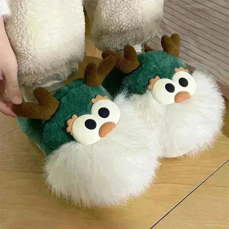 Cute Cartoon Christmas Deer Cotton Shoes Winter Indoor Floor Home Slippers Half-covered Heel Warm Plush Shoes Women - EX-STOCK CANADA