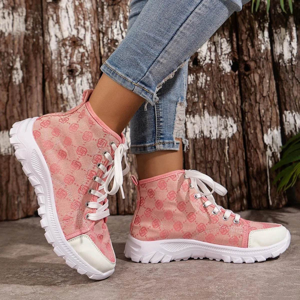 Rose-printed Lace-up Boots Fashion Breathable Canvas Shoes Sports Casual Non-slip Thick-soled Short Boot For Women - EX-STOCK Canada