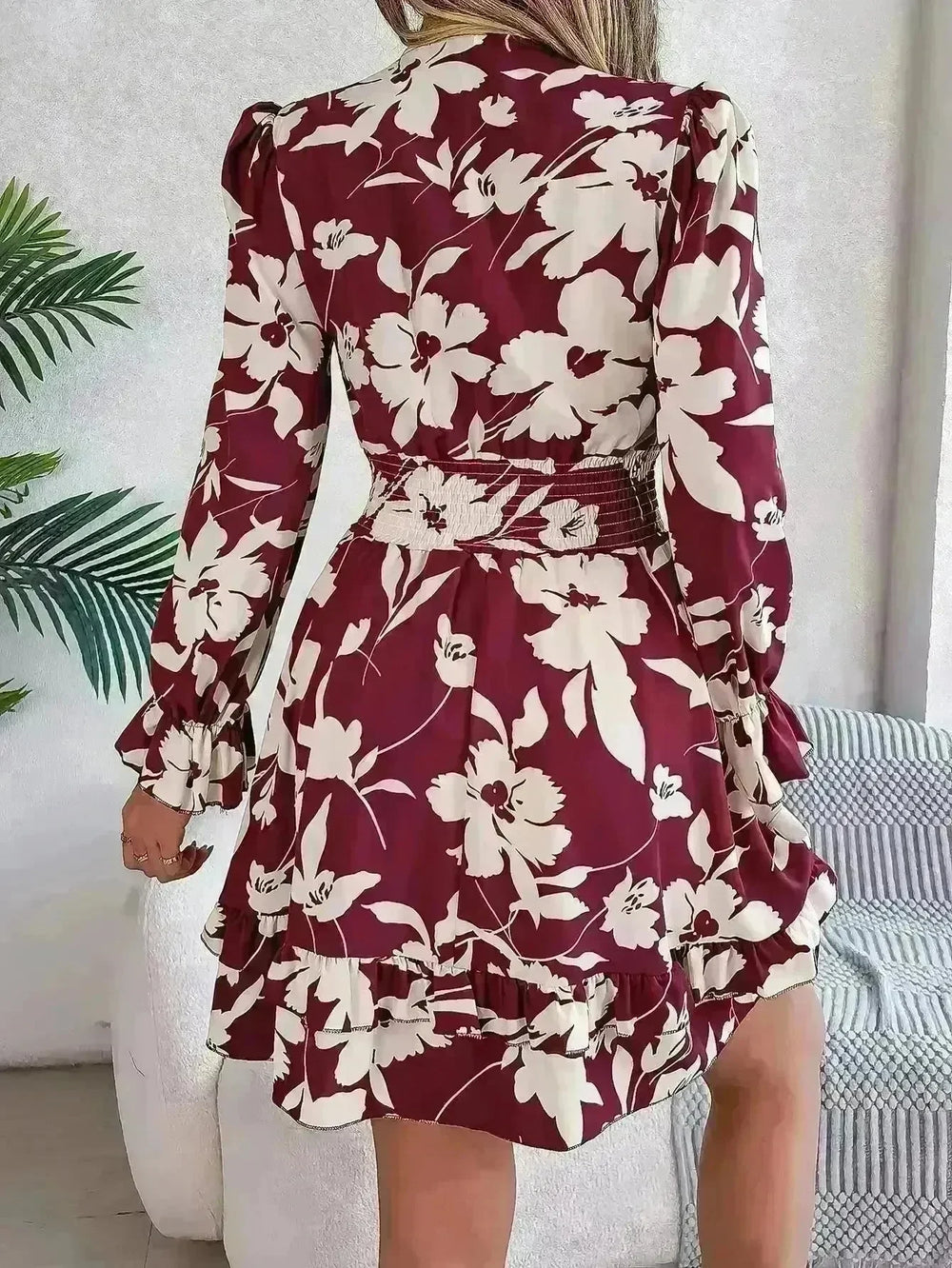 New Floral Printed V-Neck Long Sleeve Dress Fashion Ruffles Bowknot A-Line Short Mini  Skater Dress Women's Clothing - EX-STOCK CANADA
