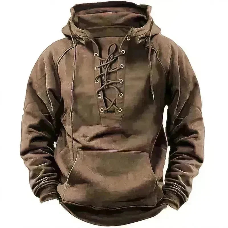 Men's Outdoor Retro Lace-up Hooded Long-sleeved T-shirt Casual Pullover top sweatshirt - EX-STOCK CANADA