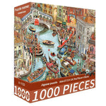 Jigsaw puzzle box with a colorful illustration of a canal scene, featuring buildings and boats.