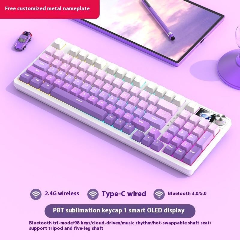 Mechanical keyboard with colorful backlight on a desk setup, featuring text about its features.