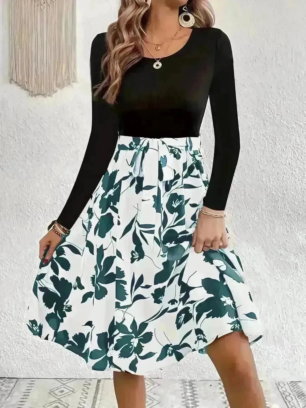 Floral Print Long Sleeve Skirt Dress Fashion Round Neck Flared Dress for Women - EX-STOCK CANADA