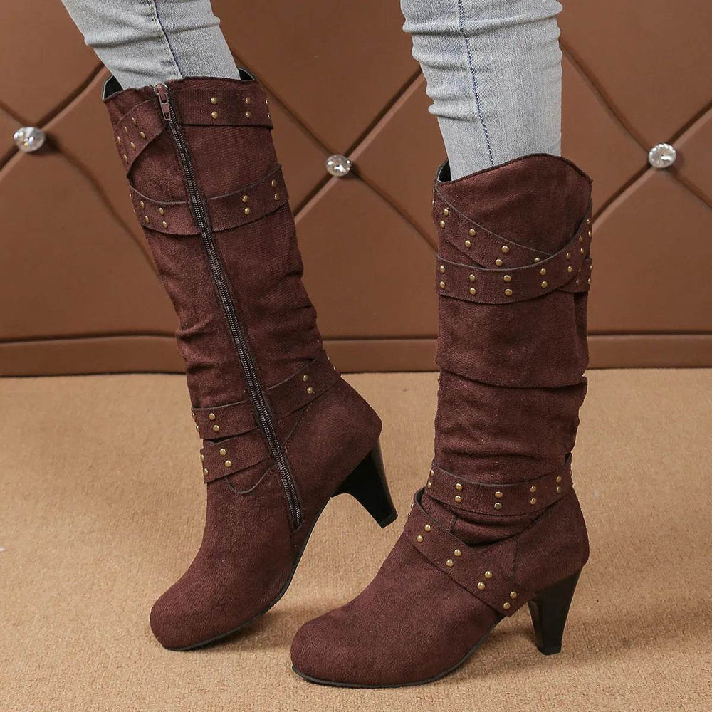 Fashion High Heel Boots With Cross-strap Rivet Design Retro V-cut Western Cowboy Boot Casual Zipper Shoes For Women - EX-STOCK Canada