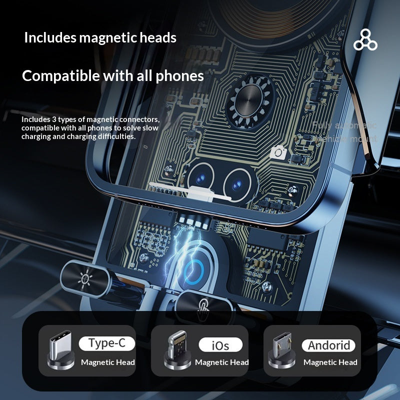 Phone charging stand with magnetic heads compatibility text and icons on a dark background