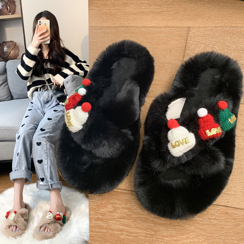 Christmas Hat Fluffy Slippers Women's Warm Toe Covering Cotton Slippers EX-STOCK Canada 