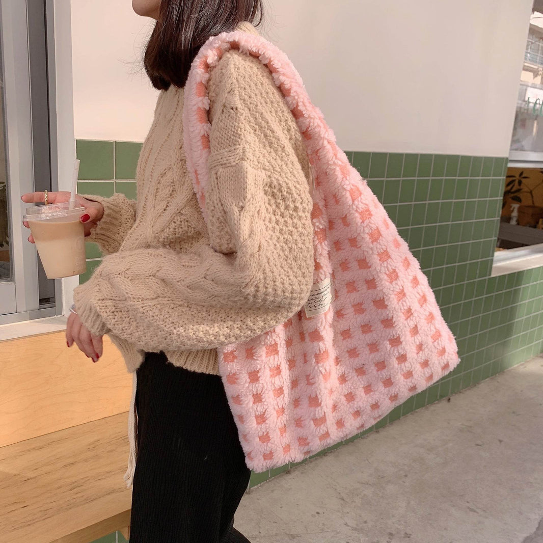 Waffle Flannel Bag Tote Bag Large Capacity Commute Minimalist Student Class Bag - EX-STOCK CANADA