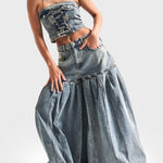 Strapless Denim Lace-Up Corset Crop Top & Balloon Wide-Leg Pants Set – Washed Blue Denim | Sizes S–2XL