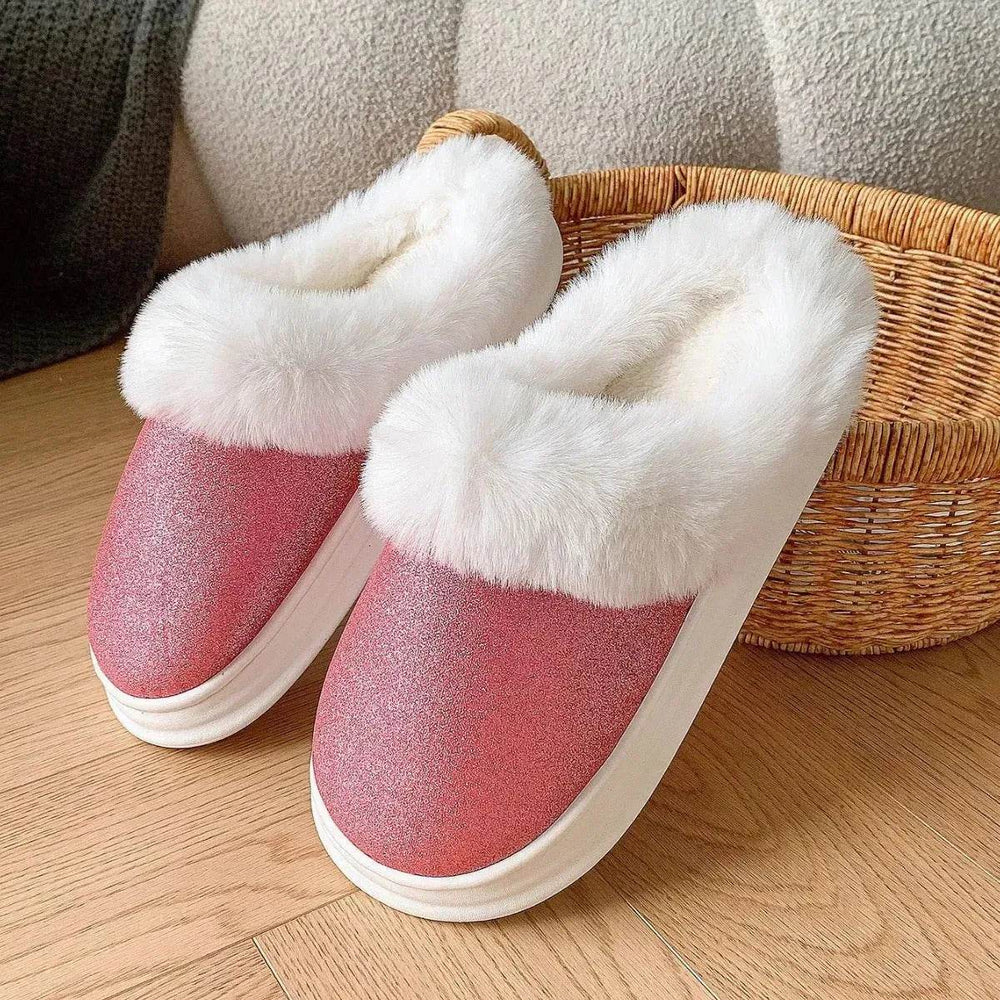 Fashion Frosted Sequined Plush Slippers Winter Warm Home Indoor Non-slip Bedroom Floor Fuzzy Slipper For Couple Women House Shoes - EX-STOCK Canada