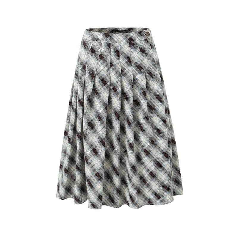 American Retro Low Waist Navel Plaid Pleated Long Skirt Women - EX-STOCK Canada