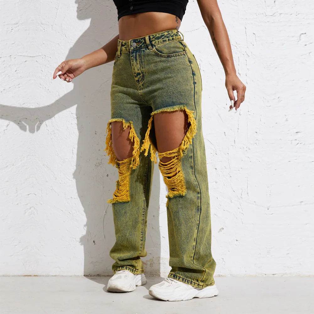 Shascullfites Melody Yellow Wash Streetwear Split Loose Straight Ripped Baggy Jeans Y2K Retro Women Denim Pants - EX-STOCK Canada