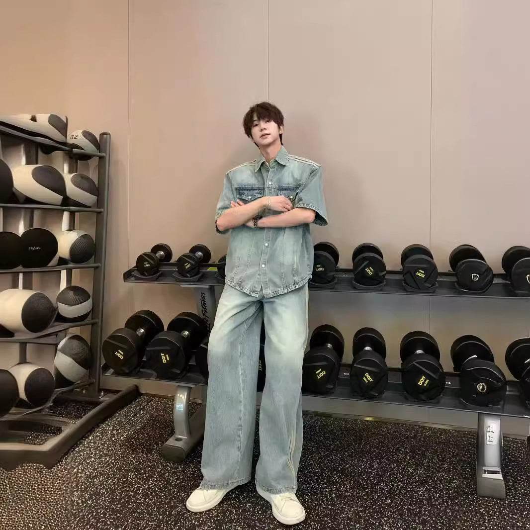 Retro Side Three Bar Stripes Short Sleeve Denim Shirt Outfit Men Jeans - EX-STOCK Canada