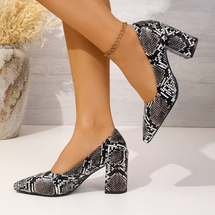 Women's Snake Print Pointed Toe Block Heel Pumps 2026 Spring Summer Elegant High Heels Versatile Office Party Shoes 