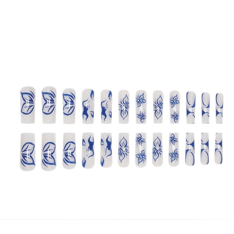 24 PCS Blue Butterfly Art, Long Length Long Water Pipe Fake Nails,Square Head Nail Tips False Nail EX-STOCK Canada 