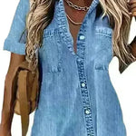 Best Women Loose Denim-like Printed Short-sleeved Shirt Jeans Denim Shirt dress Denim Top dress - EX-STOCK CANADA