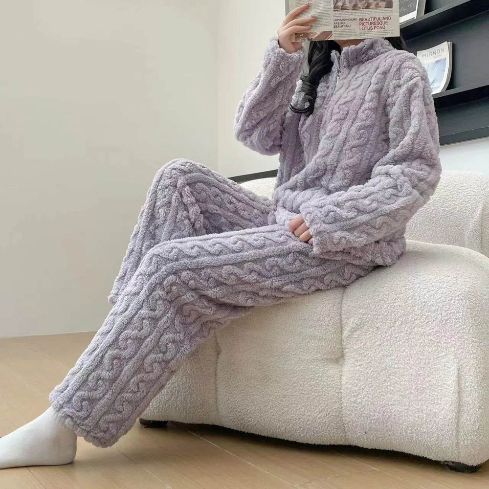 Autumn And Winter New Twist Zipper Couple Fleece-lined Thick Coral Fleece Pajamas Homewear Loungewear Sleepwear For Sleeping - EX-STOCK Canada