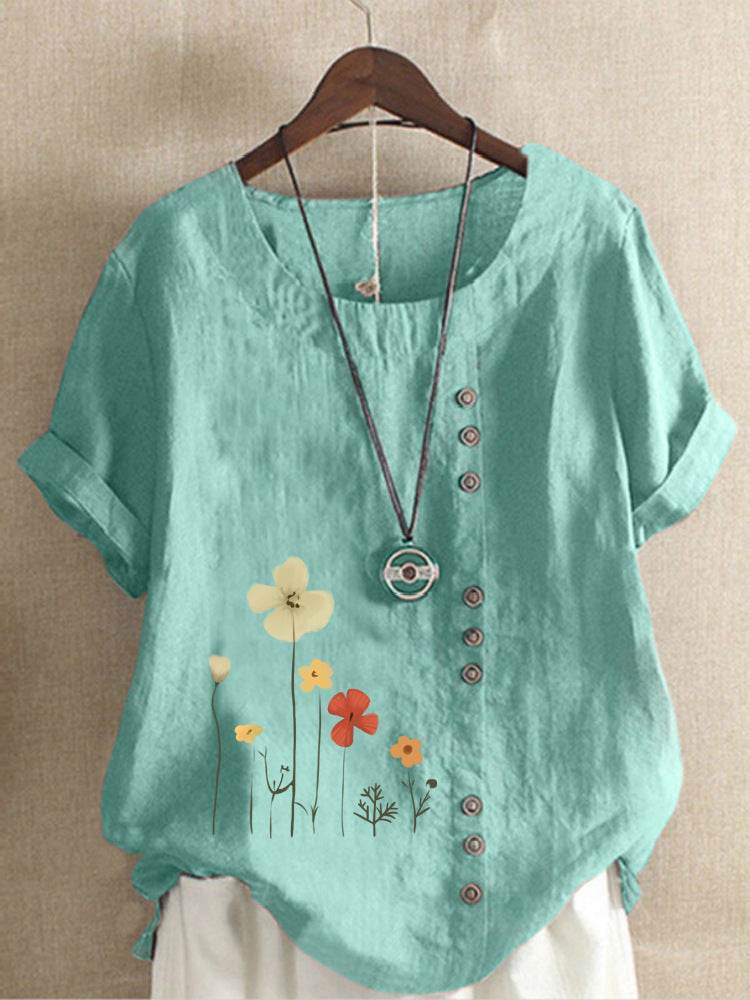 Casual Summer Beach Cotton And Linen Printed Elegant Short Sleeve blouse Top Women - EX-STOCK Canada