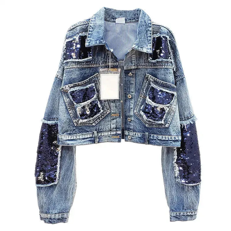 Heavy Industry Sequins Short Doll Sleeve Denim Jacket Women - EX-STOCK CANADA