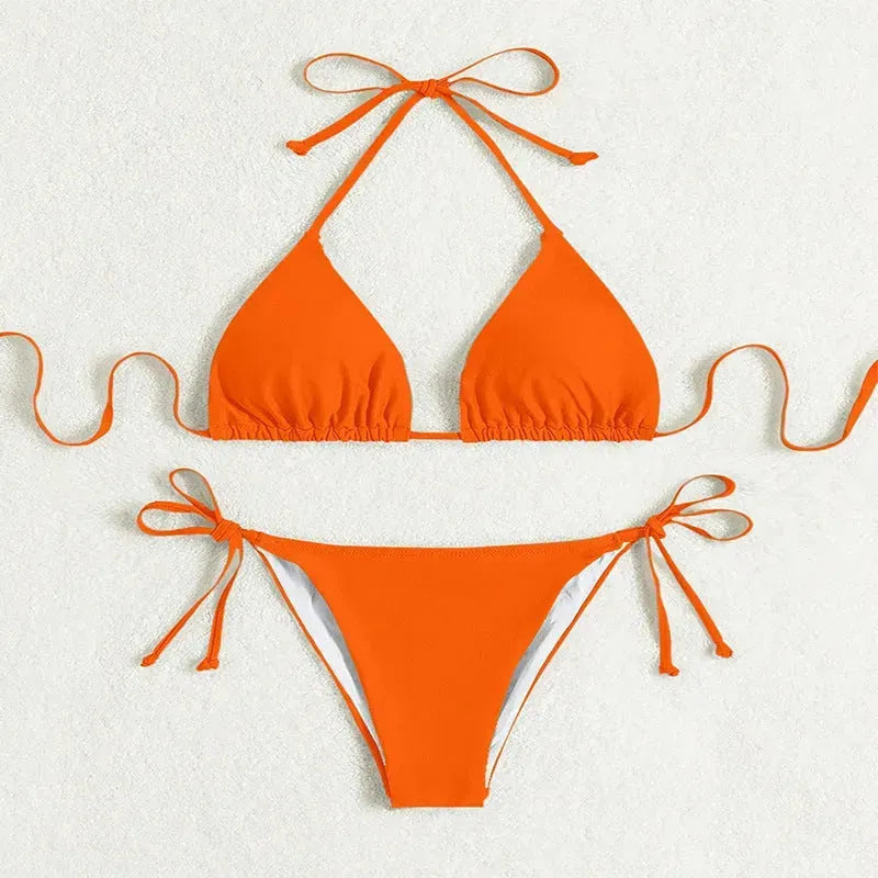 Pure Color Tied Halter Bikini Swimsuit - EX-STOCK CANADA