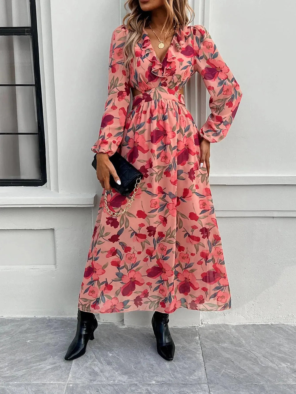 Fashion Florals Print Long Sleeve Dress Casual Holiday Tight-waisted V-neck Dresses Women Clothing - EX-STOCK CANADA