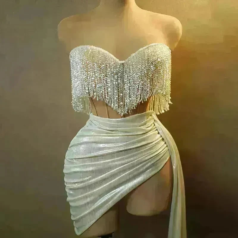 Strapless Tassle  Corset dress Women's Tube Top Rhinestone Chain Skirt Outfit for Evening party Cocktail event - EX-STOCK CANADA