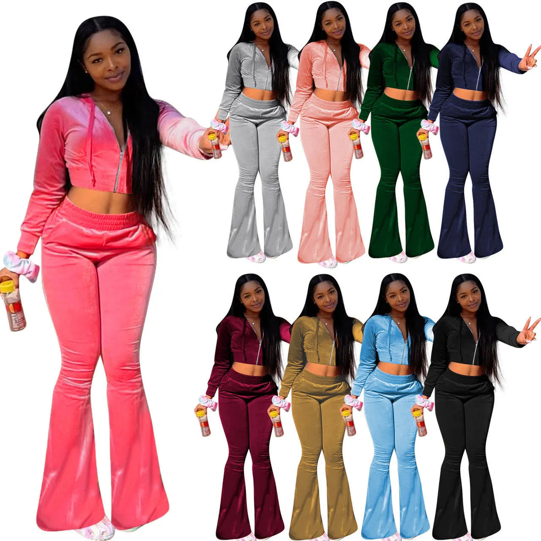 Women 2pcs Velvet Hoodie Wide leg Pant Crop top sweatsuit Athleisure Outfit - EX-STOCK CANADA