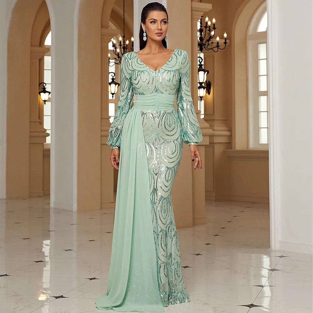Long Sleeve Sexy Long Sequined V-neck Banquet Ribbon Evening Dress - EX-STOCK CANADA