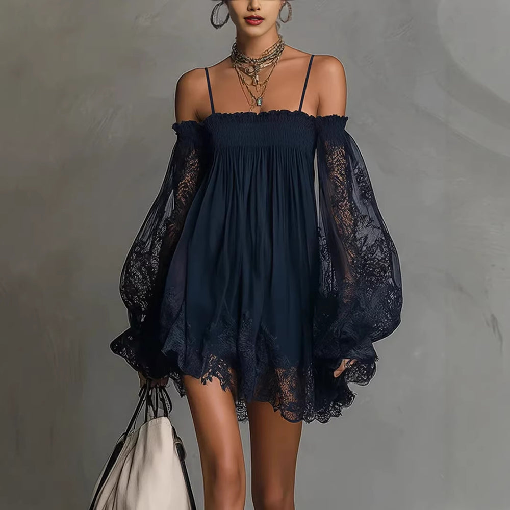 Long-Sleeve Lace Boat Neck Slip Dress