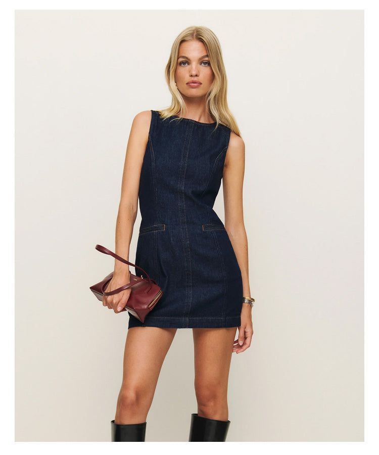 Robe en jean sans manches à col rond, coupe slim, mode française 