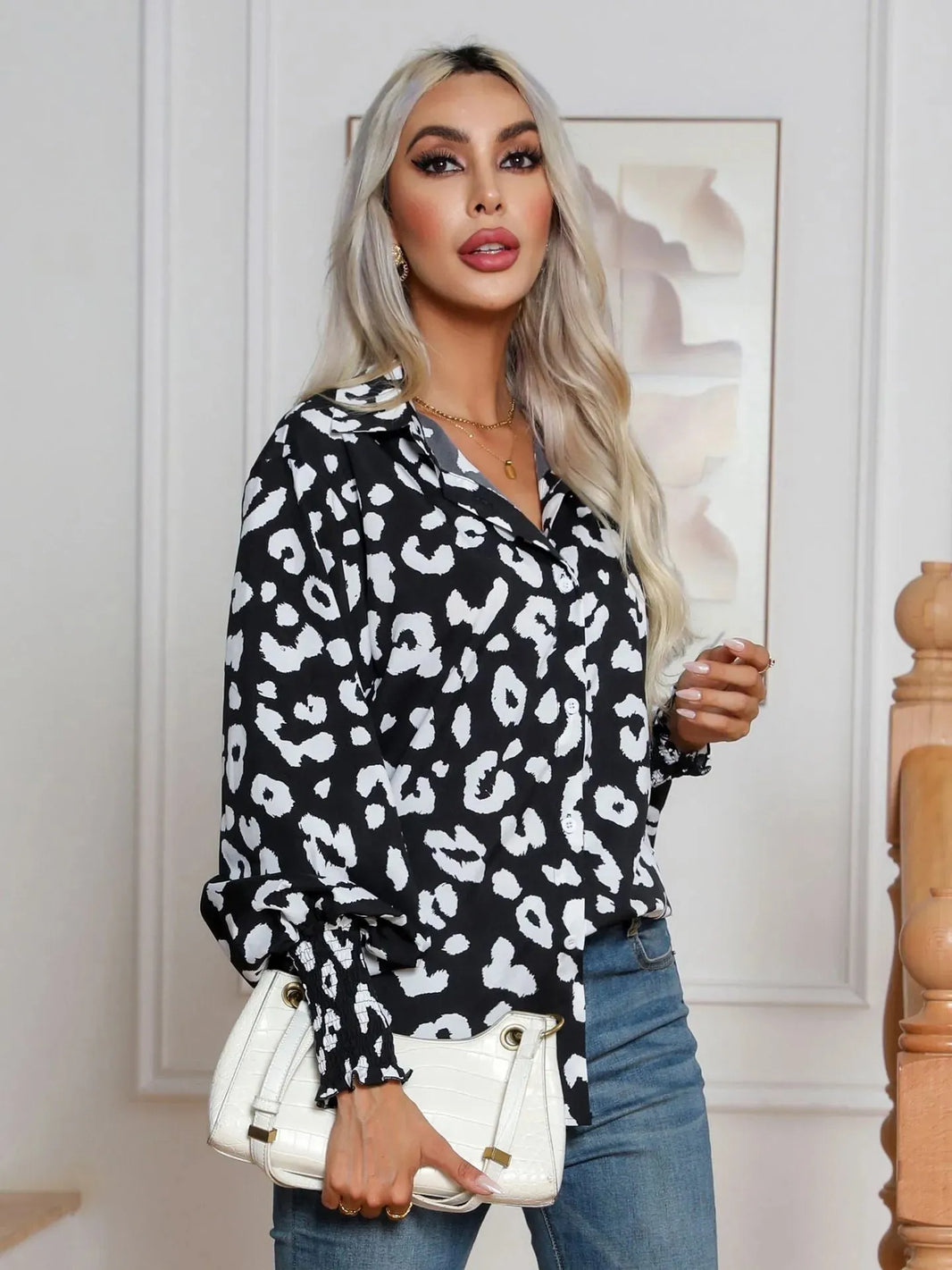 Leopard Print Lantern Sleeve Blouse Shirt top for Women - EX-STOCK CANADA
