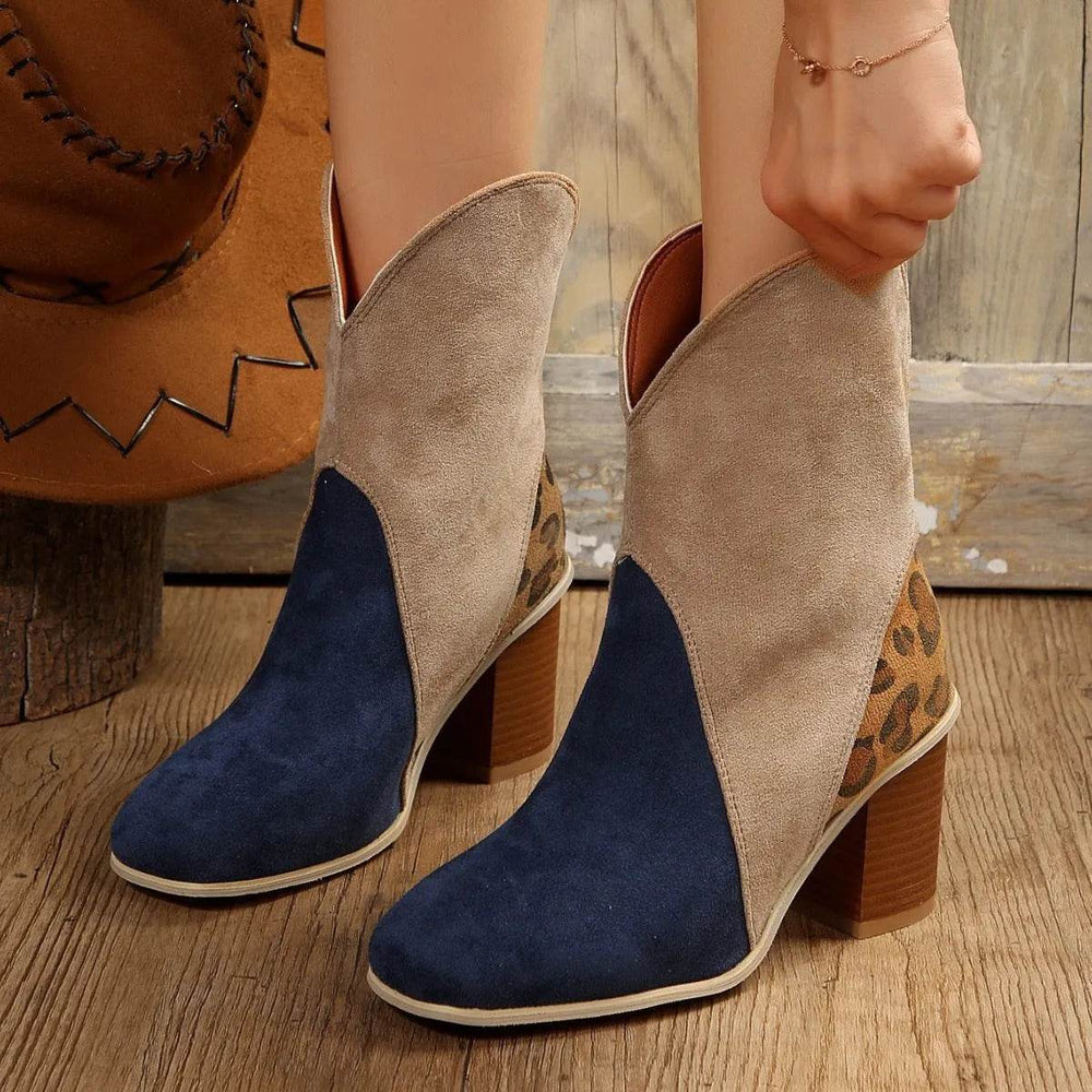 Fashion Splicing Suede Boots Retro Pointed-toe Square High Heel Mid-calf Boots For Women Fall And Winter Shoes - EX-STOCK Canada