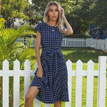 Summer Women Polka Dot Short Sleeve Dress Casual Pleated Midi Dresses Elegant Green Office Lady Clothing - EX-STOCK CANADA
