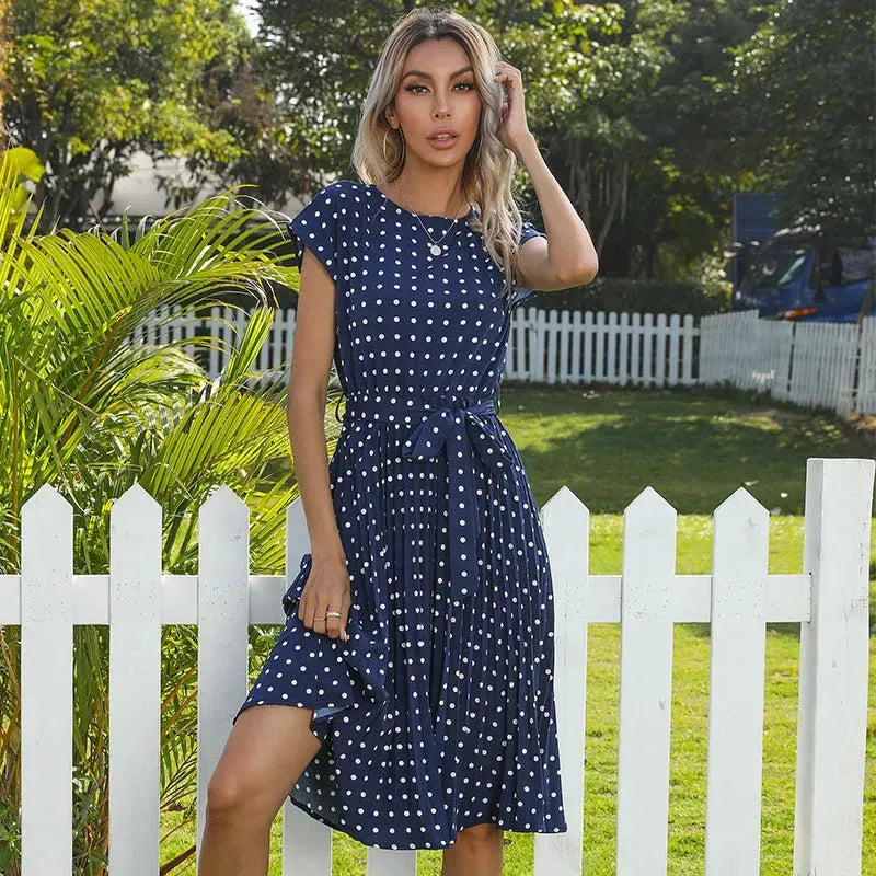 Summer Women Polka Dot Short Sleeve Dress Casual Pleated Midi Dresses Elegant Green Office Lady Clothing - EX-STOCK CANADA