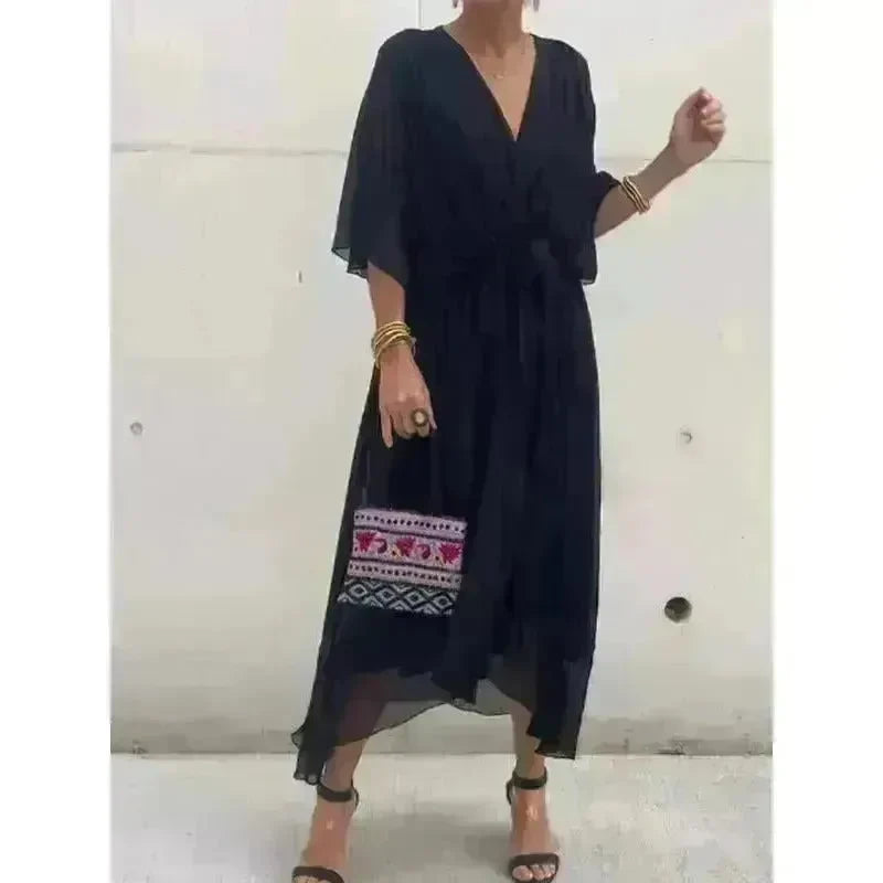Batwing Sleeve V-neck Dress Summer Pure Color Tied Irregular Wrap Midi Dresses for Women - EX-STOCK CANADA