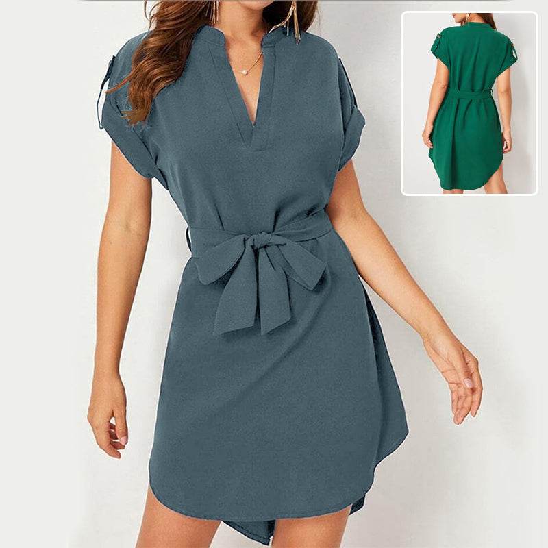 V-neck Short Sleeve Dress With Belt Summer Fashion Bowknot Dresses For Women Clothing - EX-STOCK Canada