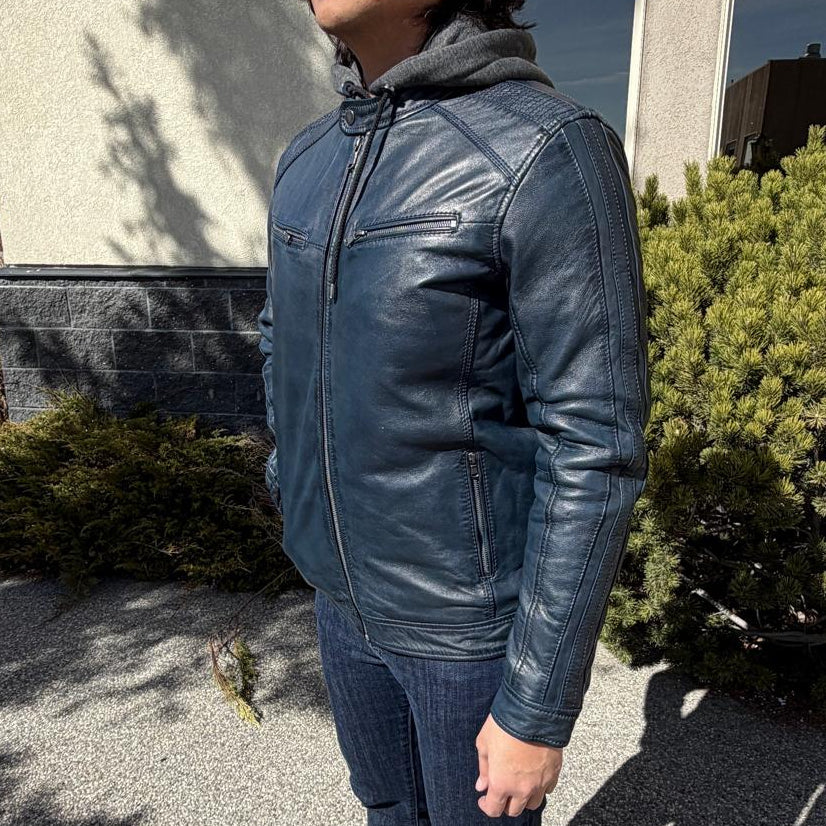 Veste en cuir pour hommes BOL avec capuche et col à pression 