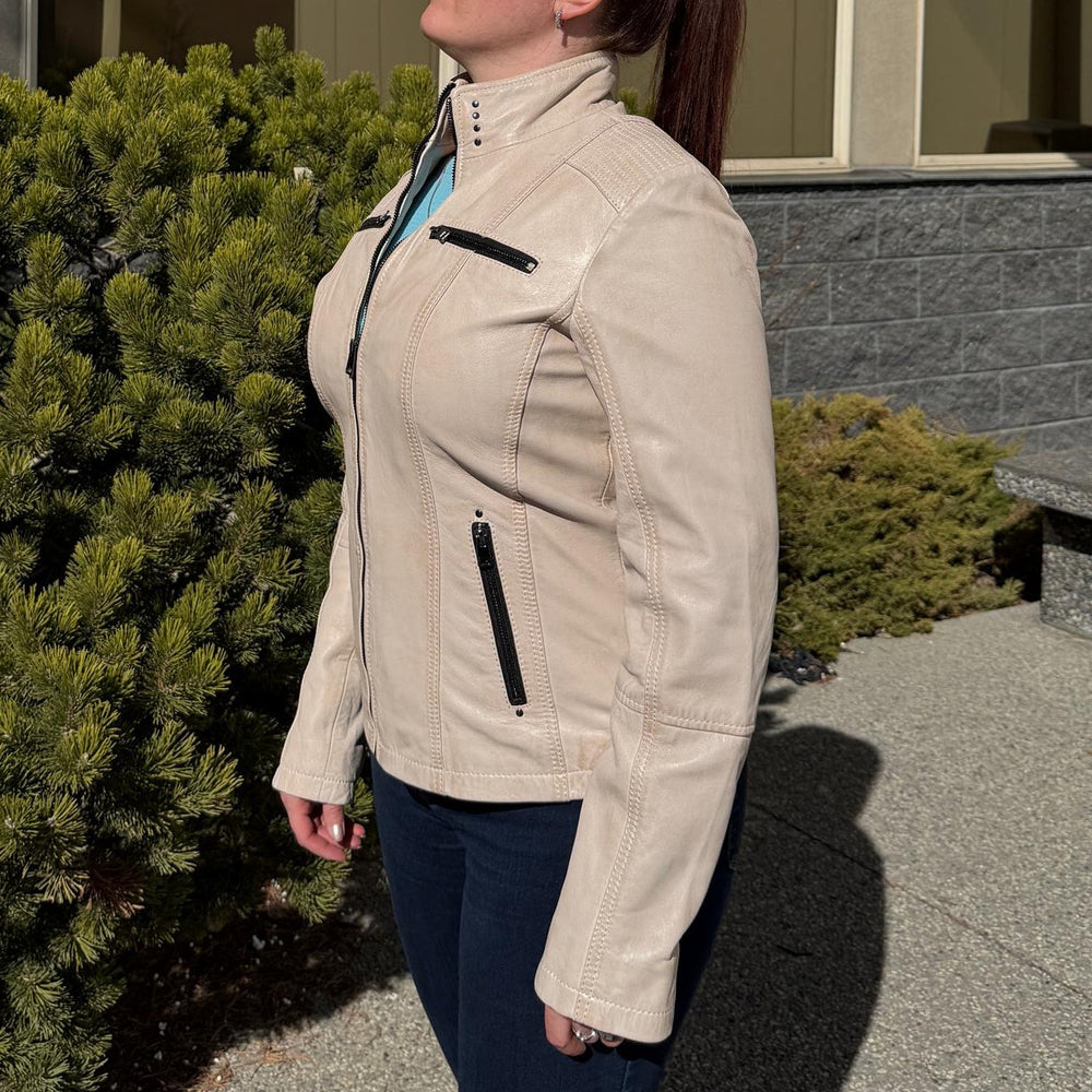 Women's Classic Lamb Leather Jacket. Round Collar with Studs, 4 Zippered Pockets & Shoulder Accent Stitching 