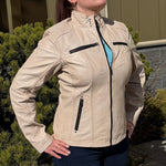 Women's Classic Lamb Leather Jacket. Round Collar with Studs, 4 Zippered Pockets & Shoulder Accent Stitching