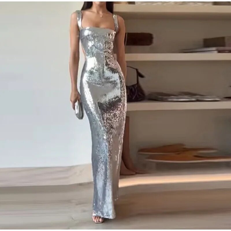 2024 Woman Fashion French High Feeling Silver Sequins Halter Sheath Dress Light Luxury Dinner Year Sexy Long Dresses EX-STOCK Canada 