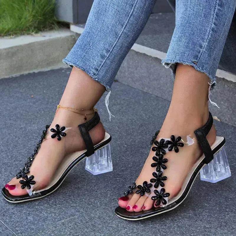 Fashion Flowers Sandals With Transparent High Square Heels Square Toe Shoes For Women - EX-STOCK Canada
