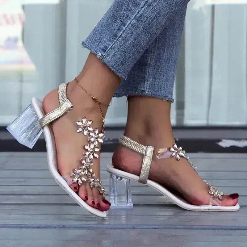 Fashion Flowers Sandals With Transparent High Square Heels Square Toe Shoes For Women - EX-STOCK Canada