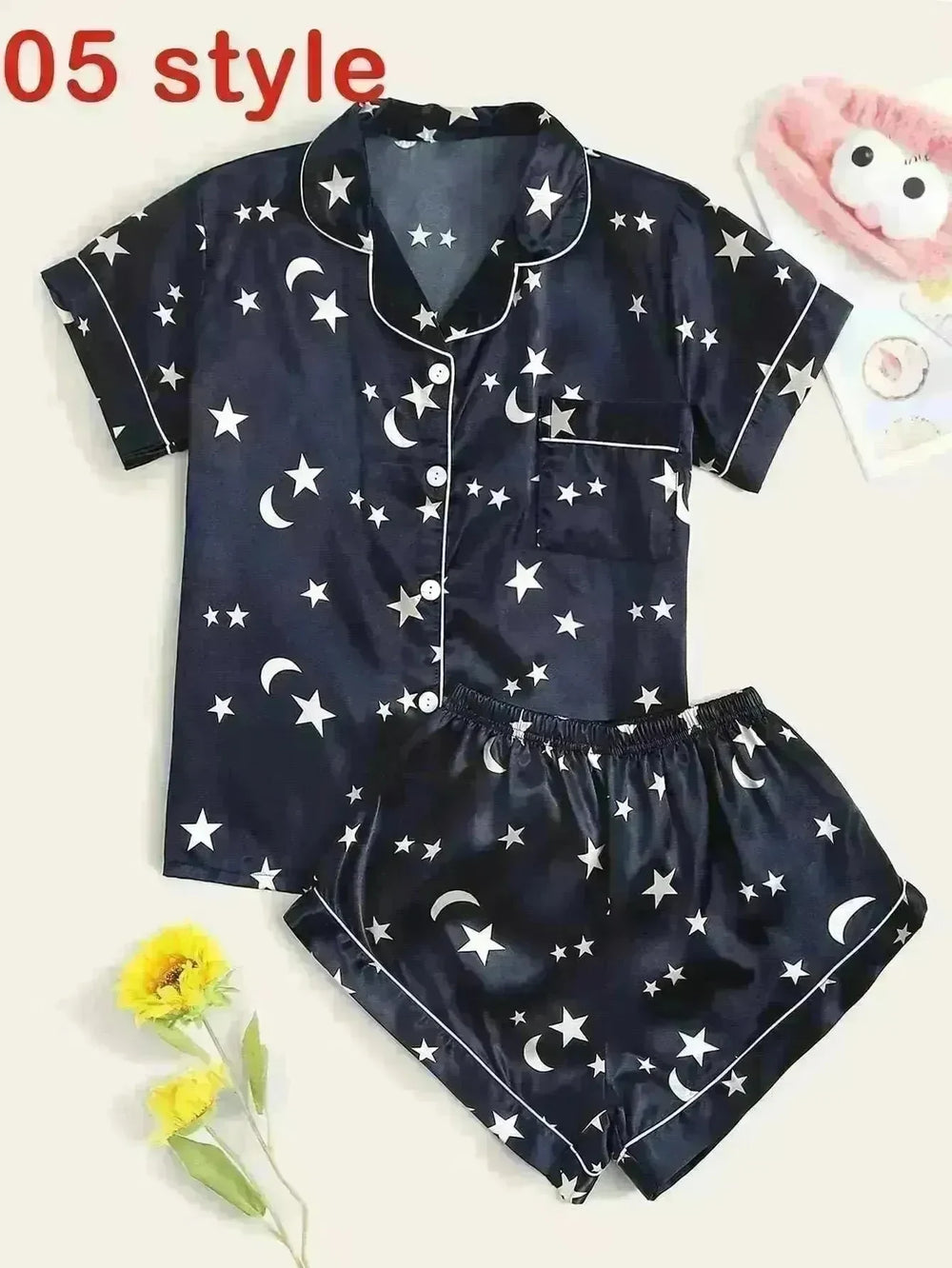 2024 Summer Satin Women Pajamas Print V-Neck Stretch Lingerie Sleepwear Casual Shorts Set Loungewear - EX-STOCK CANADA