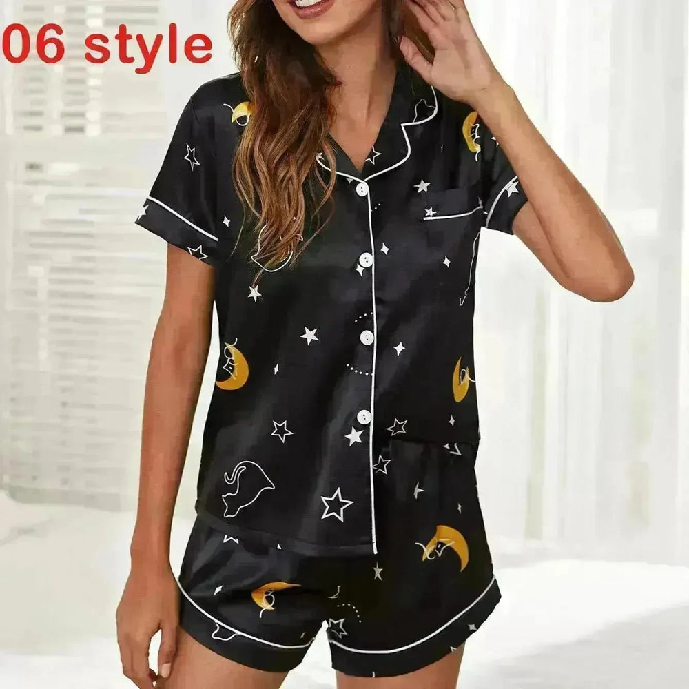 2024 Summer Satin Women Pajamas Print V-Neck Stretch Lingerie Sleepwear Casual Shorts Set Loungewear - EX-STOCK CANADA