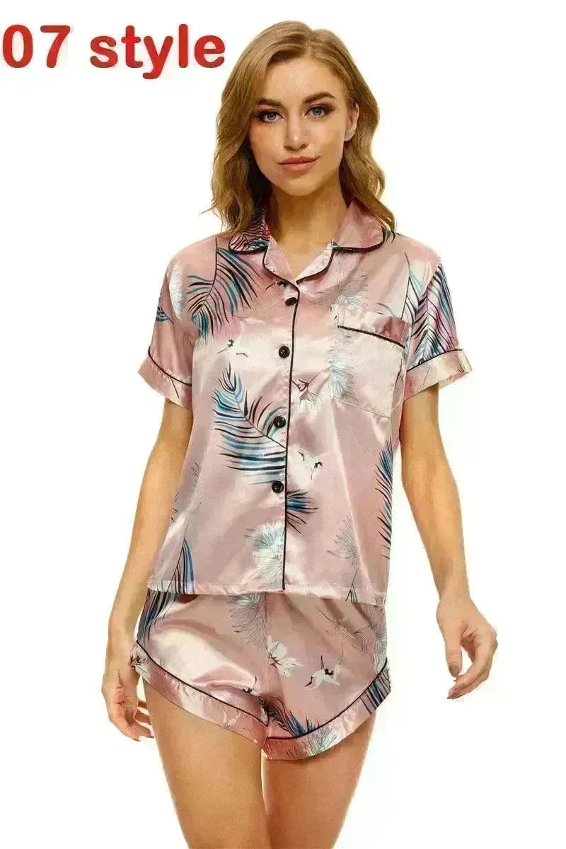 2024 Summer Satin Women Pajamas Print V-Neck Stretch Lingerie Sleepwear Casual Shorts Set Loungewear - EX-STOCK CANADA