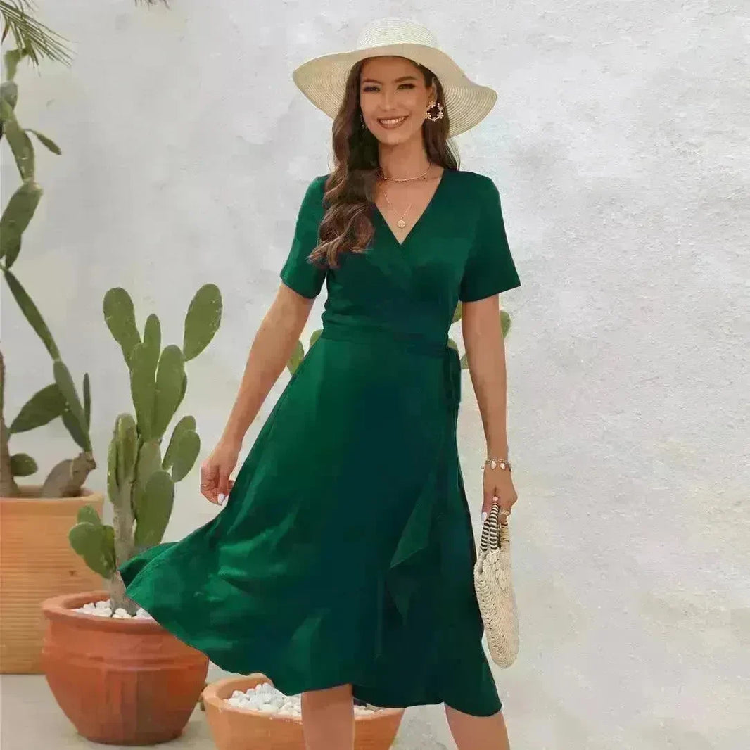 2024 Summer Solid Color Long Short Sleeve V-neck High Waist Tied Midi Dress - EX-STOCK CANADA