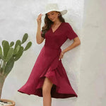 2024 Summer Solid Color Long Short Sleeve V-neck High Waist Tied Midi Dress - EX-STOCK CANADA