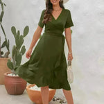 2024 Summer Solid Color Long Short Sleeve V-neck High Waist Tied Midi Dress - EX-STOCK CANADA