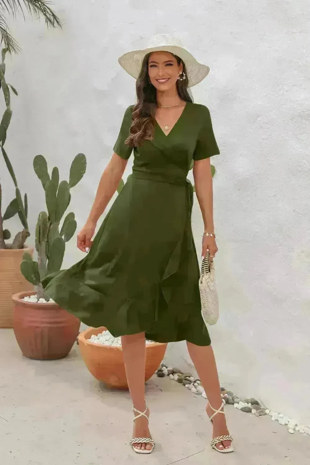 2024 Summer Solid Color Long Short Sleeve V-neck High Waist Tied Midi Dress - EX-STOCK CANADA