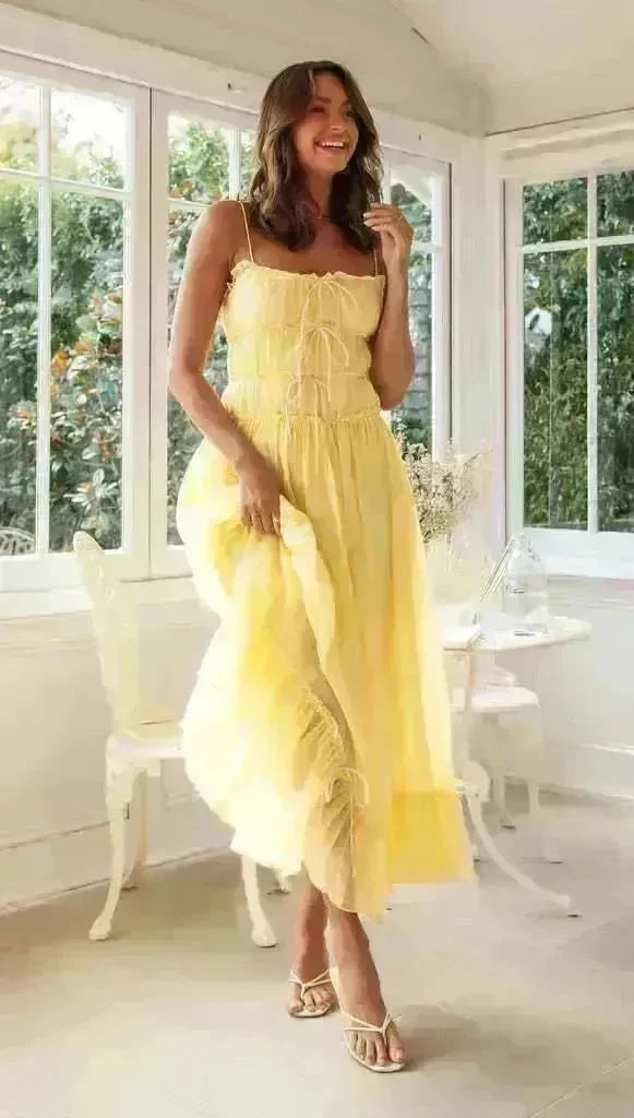 2024 Summer Suspender Spaghetti Strap Long Dresses With Bow Pleat Design Fashion Sweet Bow Beach Dress For Womens Clothing - EX-STOCK CANADA